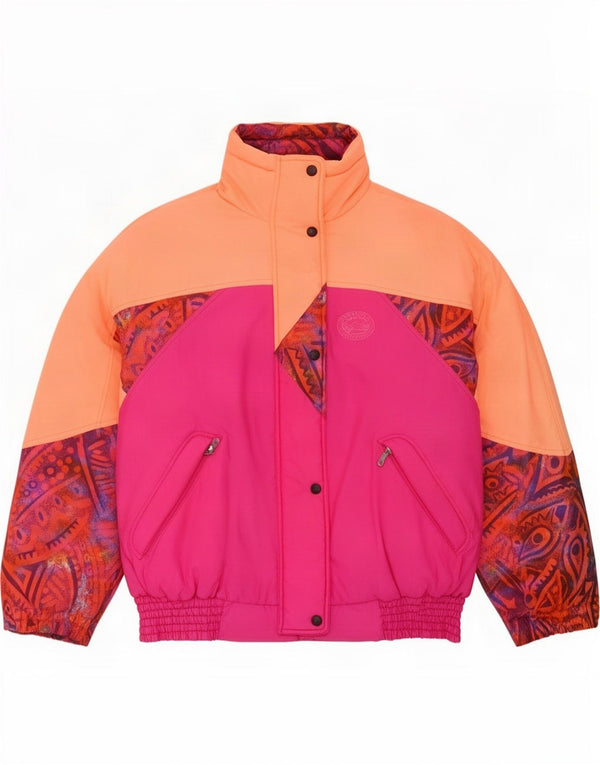 Giacca da sci oversize con cappuccio da donna vintage UK 16 Large Pink Colourblock
