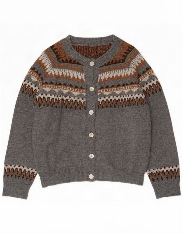 Maglione cardigan da donna vintage UK 16 grande grigio Fair Isle poliestere
