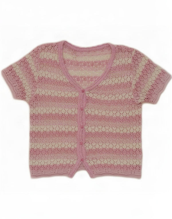 Maglione cardigan a maniche corte da donna vintage UK 14 a righe rosa medio