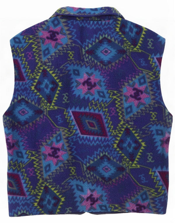 Gilet vintage in pile da donna UK 18 XL Blu geometrico