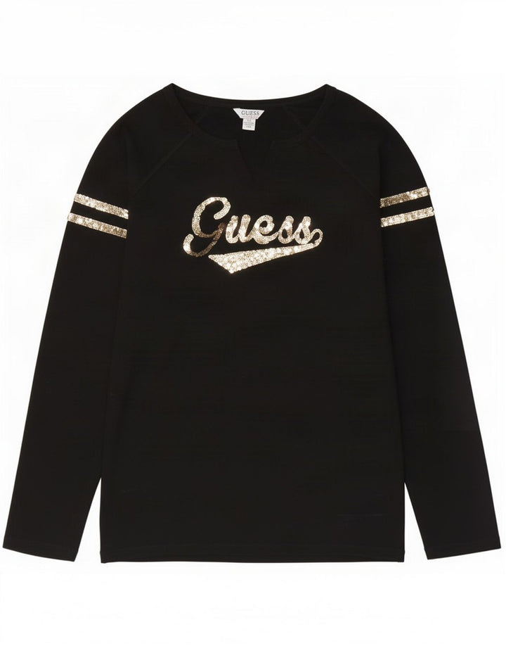 Guess Top grafico da donna a maniche lunghe UK 12 medio cotone nero