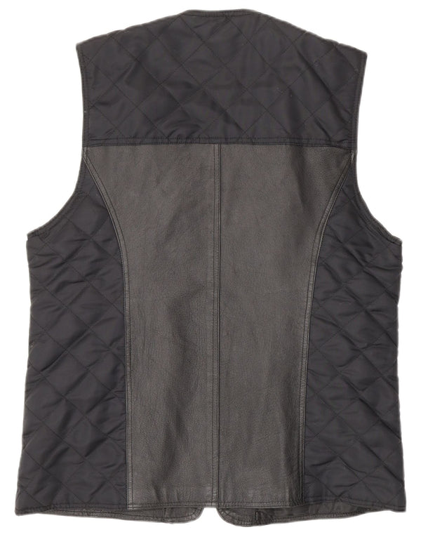 Gilet in pelle trapuntata vintage da donna UK 12/14 medio blu navy