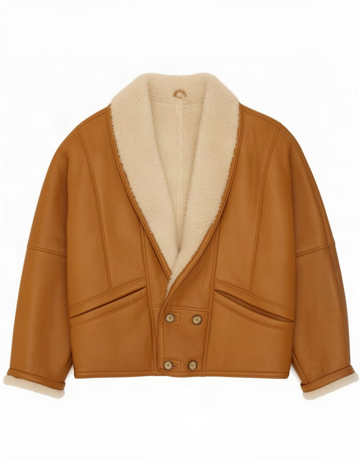 Giubbotto shearling doppiopetto vintage da uomo IT 52 XL in pelle marrone