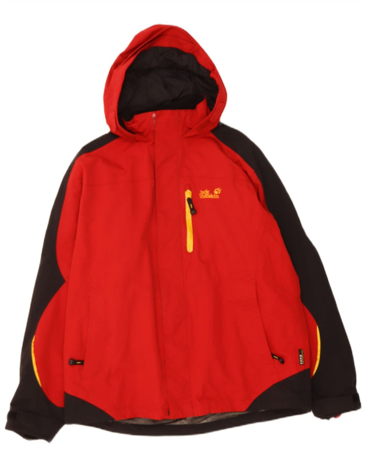 JACK WOLFSKIN Boys Hooded Windbreaker Jacket 15-16 Years Red Colourblock