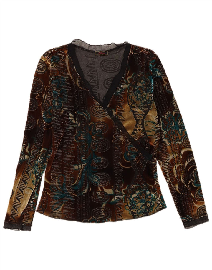 Top vintage in velluto da donna a maniche lunghe UK 6 XS multicolore floreale