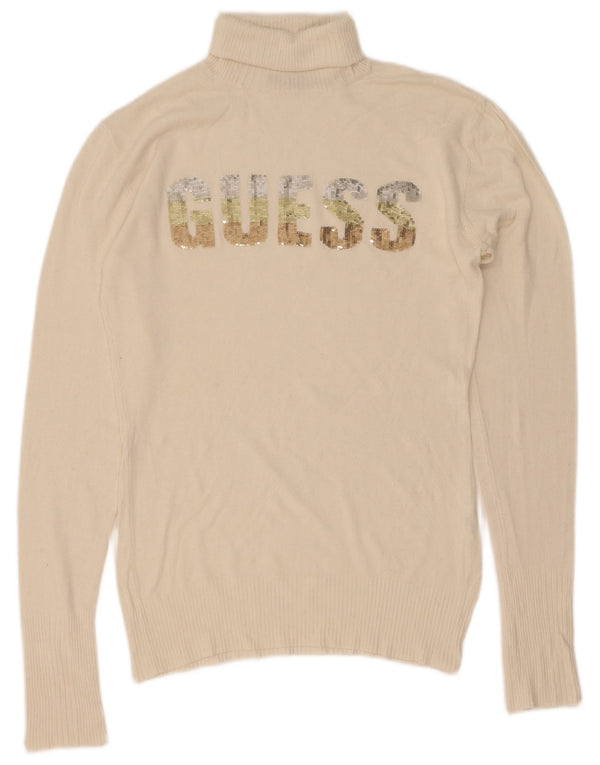 Guess maglione da donna con collo alto con grafica grafica UK 20 2XL viscosa bianco sporco