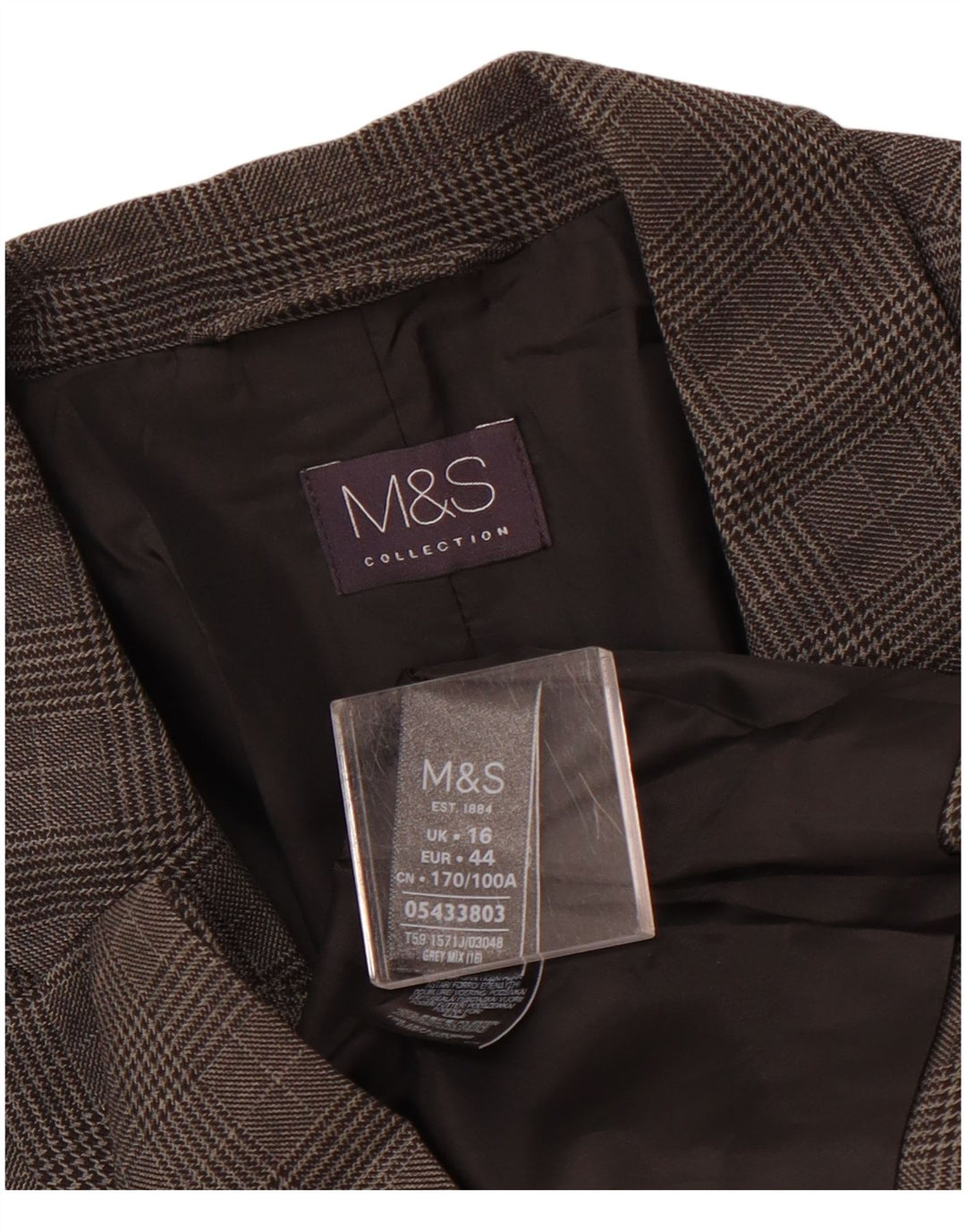 MARKS & SPENCER Giacca blazer da donna a 1 bottone UK 16 grande motivo a quadri grigi