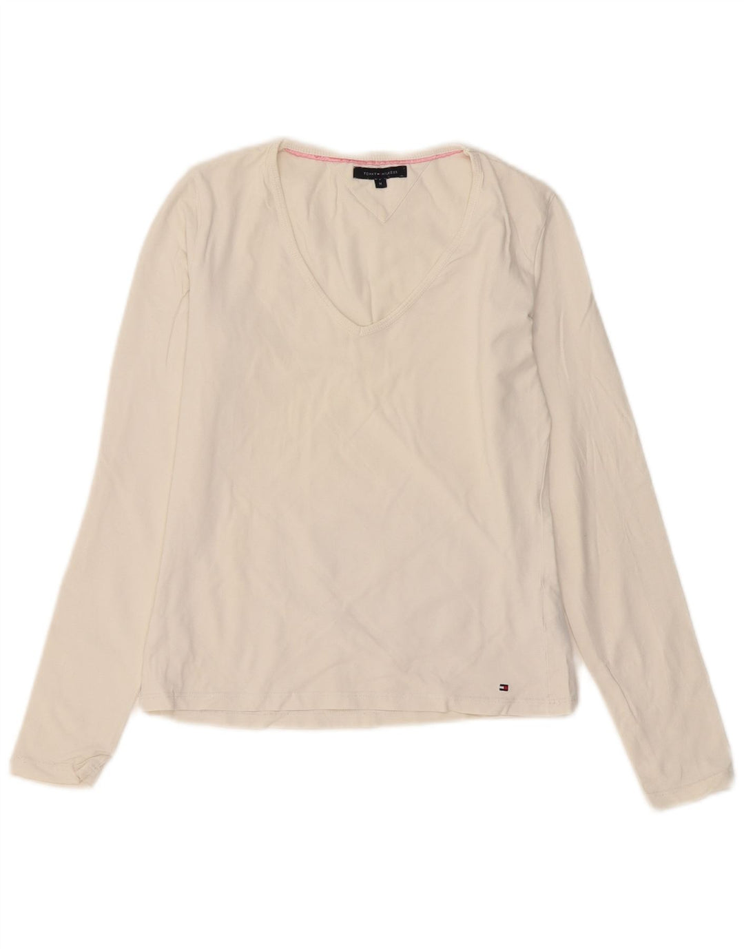 Tommy Hilfiger Donna Top Manica Lunga UK 12 Medio Bianco Cotone