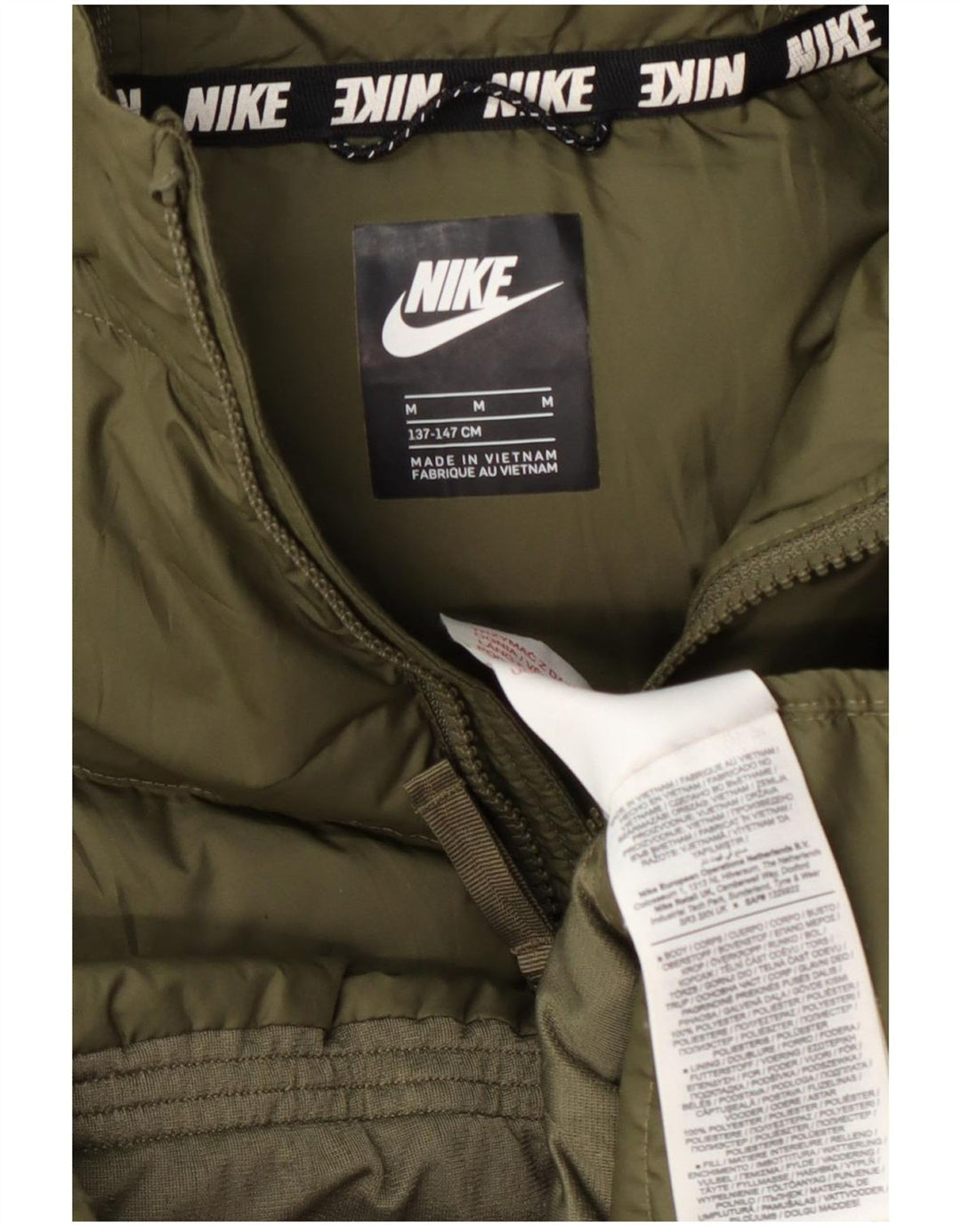 Giacca imbottita con cappuccio Nike da bambino 10-11 anni, poliestere kaki medio