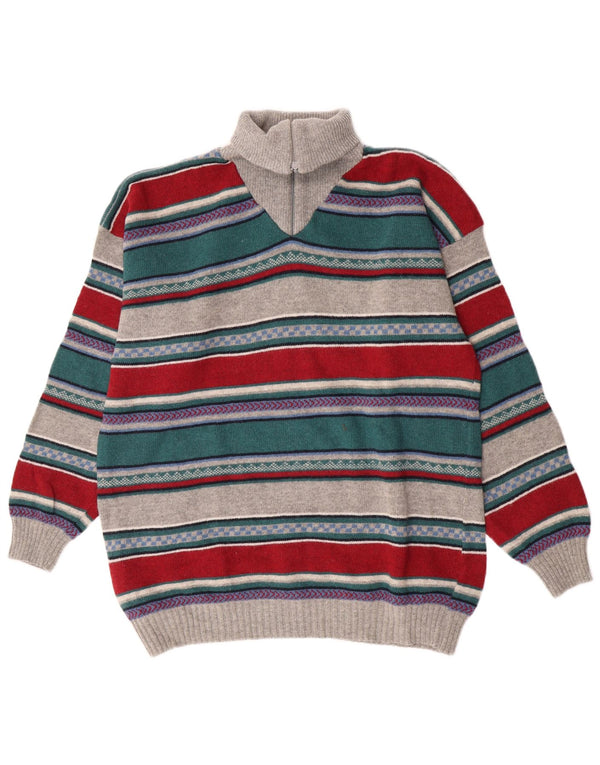 Maglione vintage da uomo con zip e collo in lana d'agnello a righe multicolori