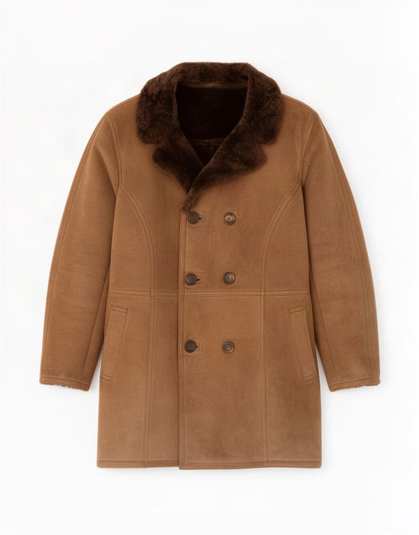 Cappotto doppiopetto in shearling vintage da uomo, vestibilità ampia, IT 46 piccolo marrone