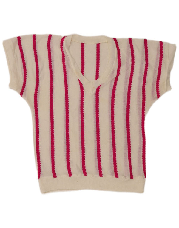 Maglione maglione vintage da donna con scollo a V UK 12 medio a righe bianco sporco
