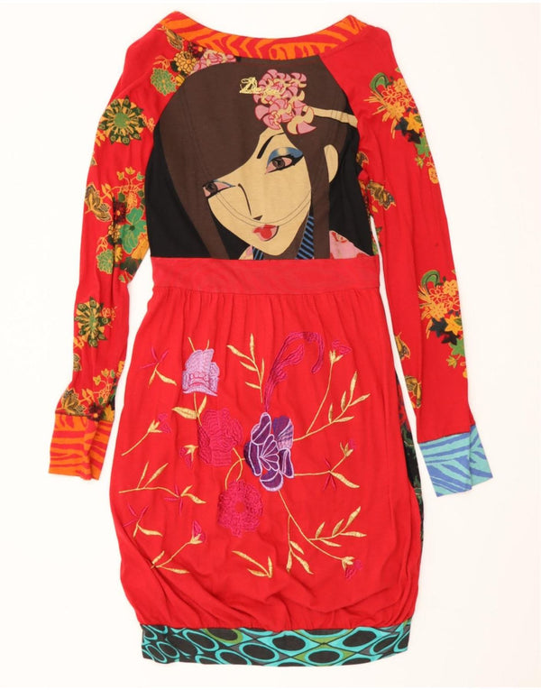 Desigual Abito a maniche lunghe da donna a maniche lunghe UK 12 Cotone floreale rosso medio
