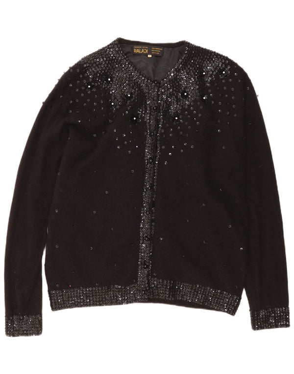 Maglione cardigan da donna vintage EU 48 2XL Lana d'agnello maculata nera