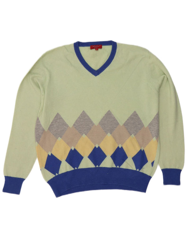 Maglione vintage da uomo con scollo a V IT 52 grande verde a rombi/diamante