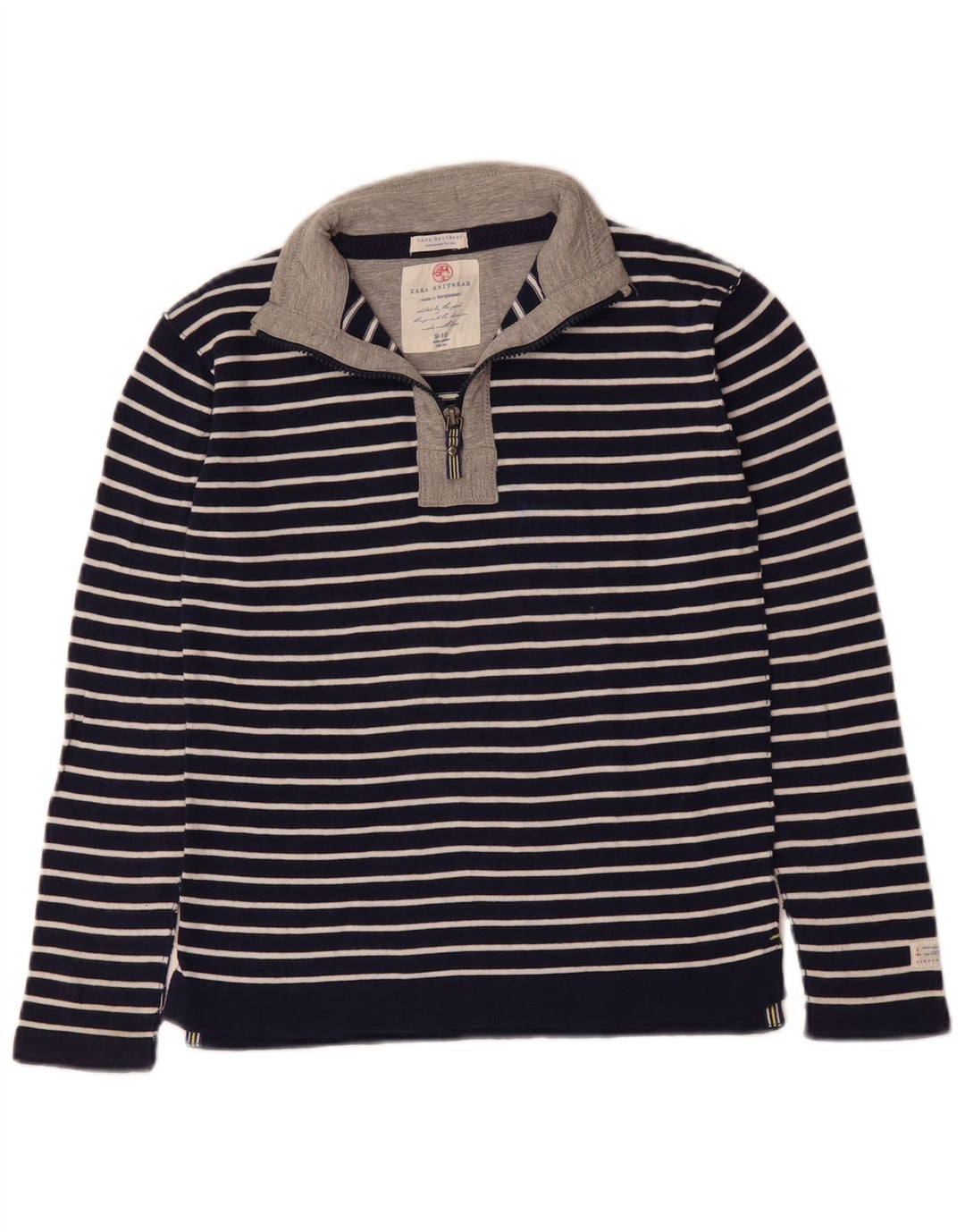 ZARA Boys Zip Neck Jumper Sweater 9-10 Years Navy Blue Striped