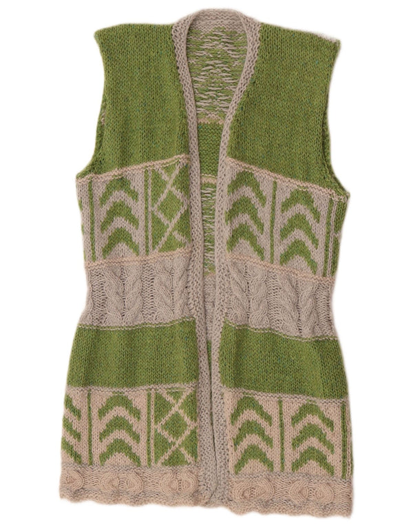 Maglione cardigan lungo da donna vintage UK 12 Colorblock verde medio