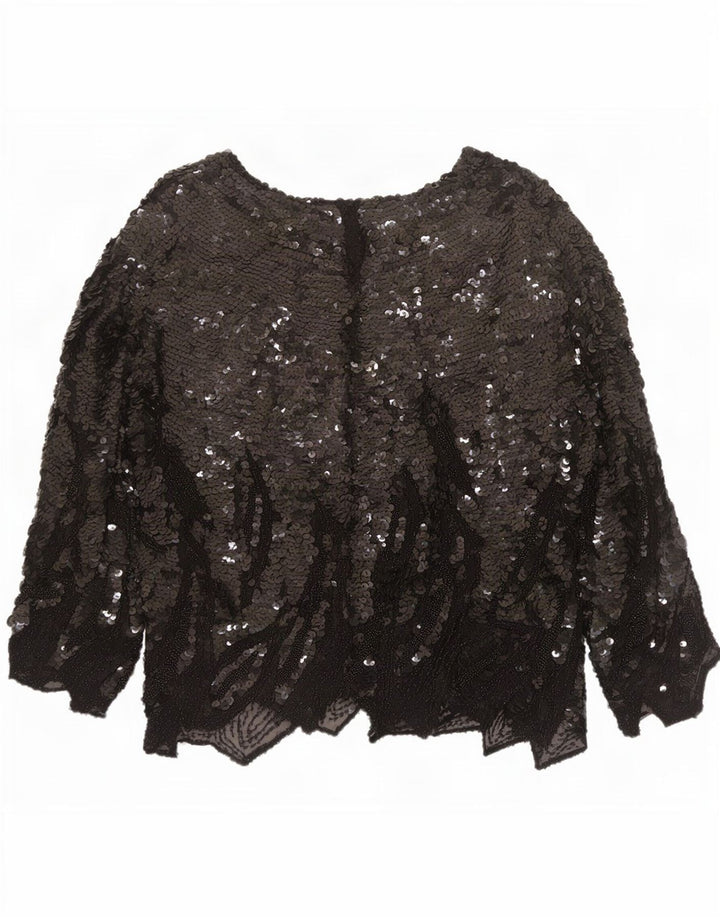 Top camicetta a maniche lunghe da donna vintage UK 16 grande nero chiazzato