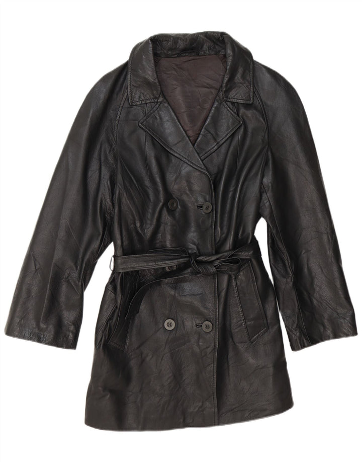 Cappotto in pelle doppio petto vintage da donna UK 14 medio nero