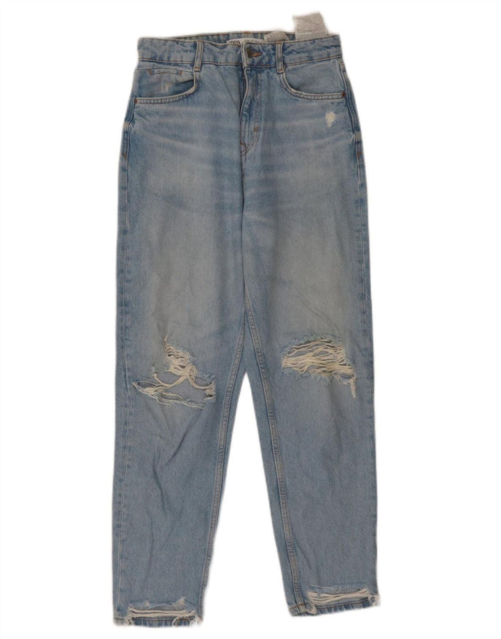 Jeans affusolati a vita alta effetto consumato ZARA da donna EU 36 XS W26 L27 Blu