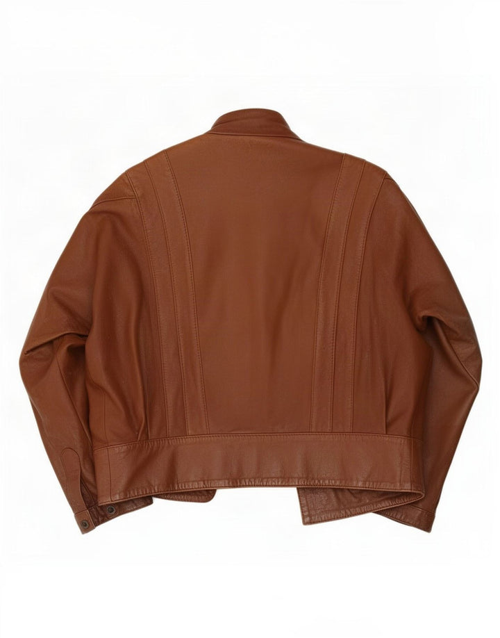 Giacca in pelle aperta oversize da donna vintage UK 14 Marrone medio