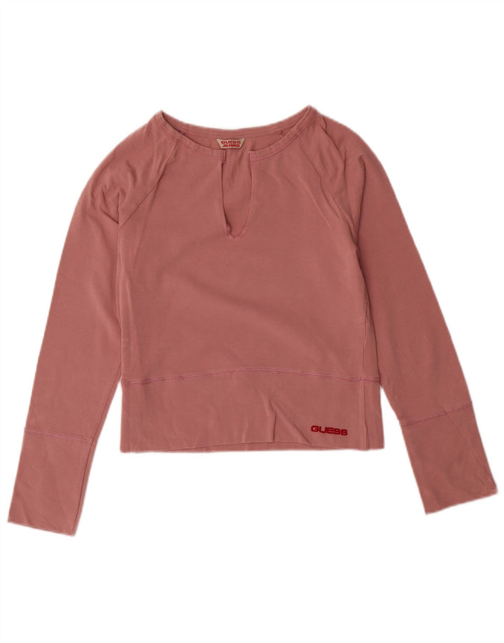 GUESS Top corto da donna a maniche lunghe UK 12 Cotone rosa medio
