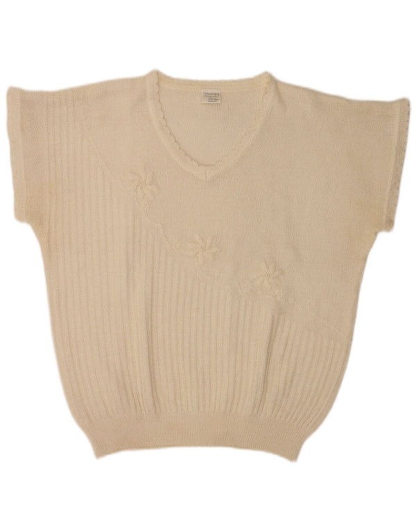 Top camicetta a maniche corte da donna vintage UK 20 2XL poliacrilico floreale bianco