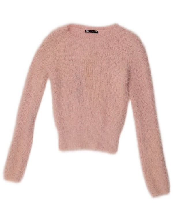 Maglione corto con scollo a barca da donna Zara UK 8 piccolo nylon rosa