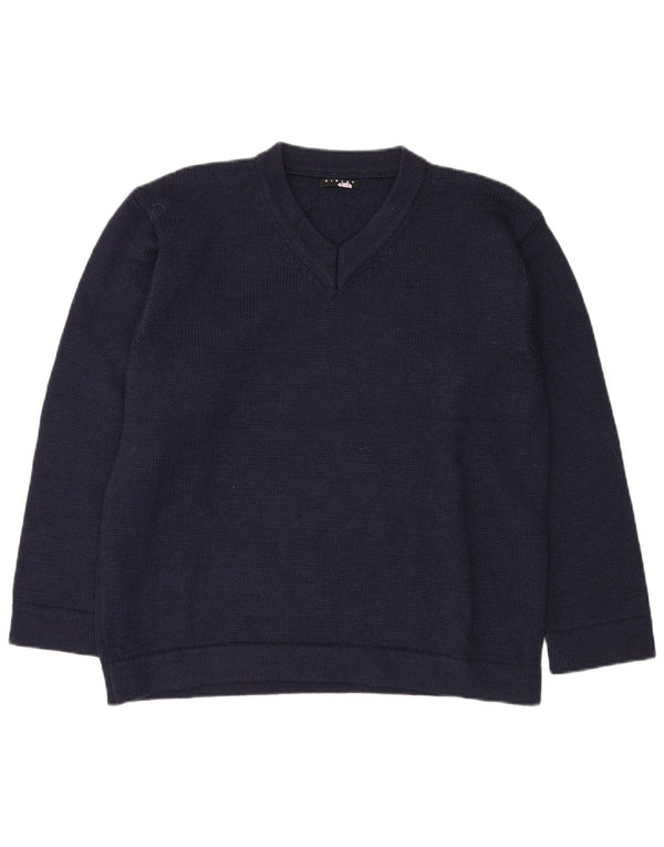 SISLEY Mens V-Neck Jumper Sweater Large Navy Blue Wool