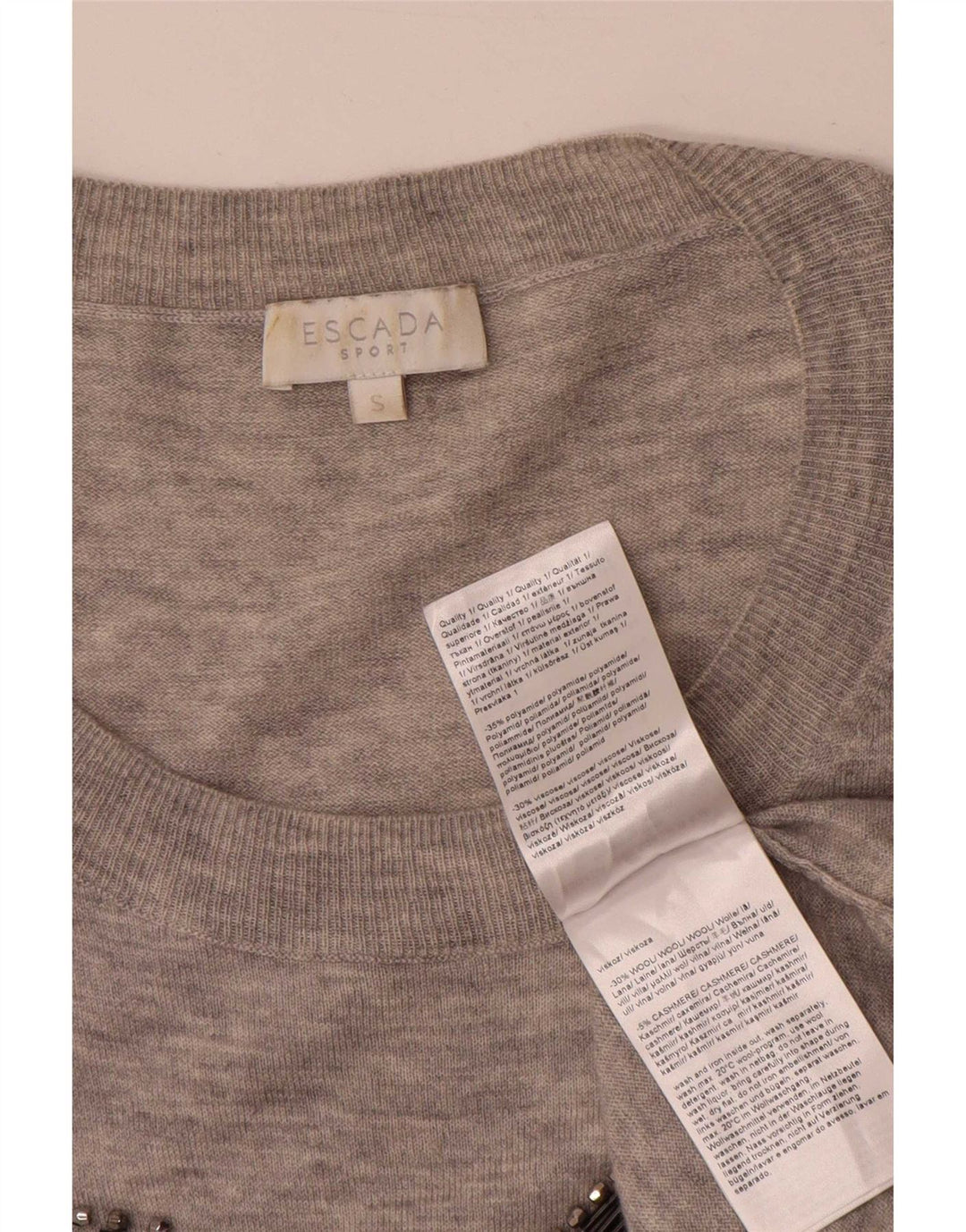 Maglione da donna con scollo a barca oversize con grafica Escada UK 10 piccolo grigio