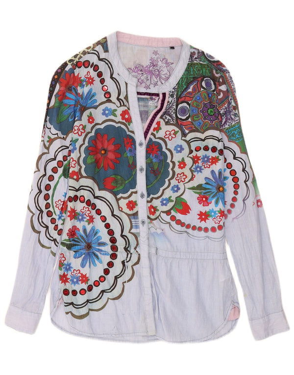 Desigual Camicia Grafica da Donna Camicetta UK 10 Piccolo Blu Floreale in Cotone