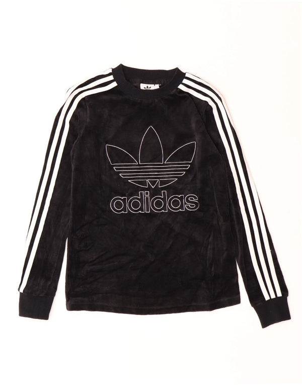 Adidas Donna Velour Graphic Top Manica Lunga UK 4 XS Cotone Nero