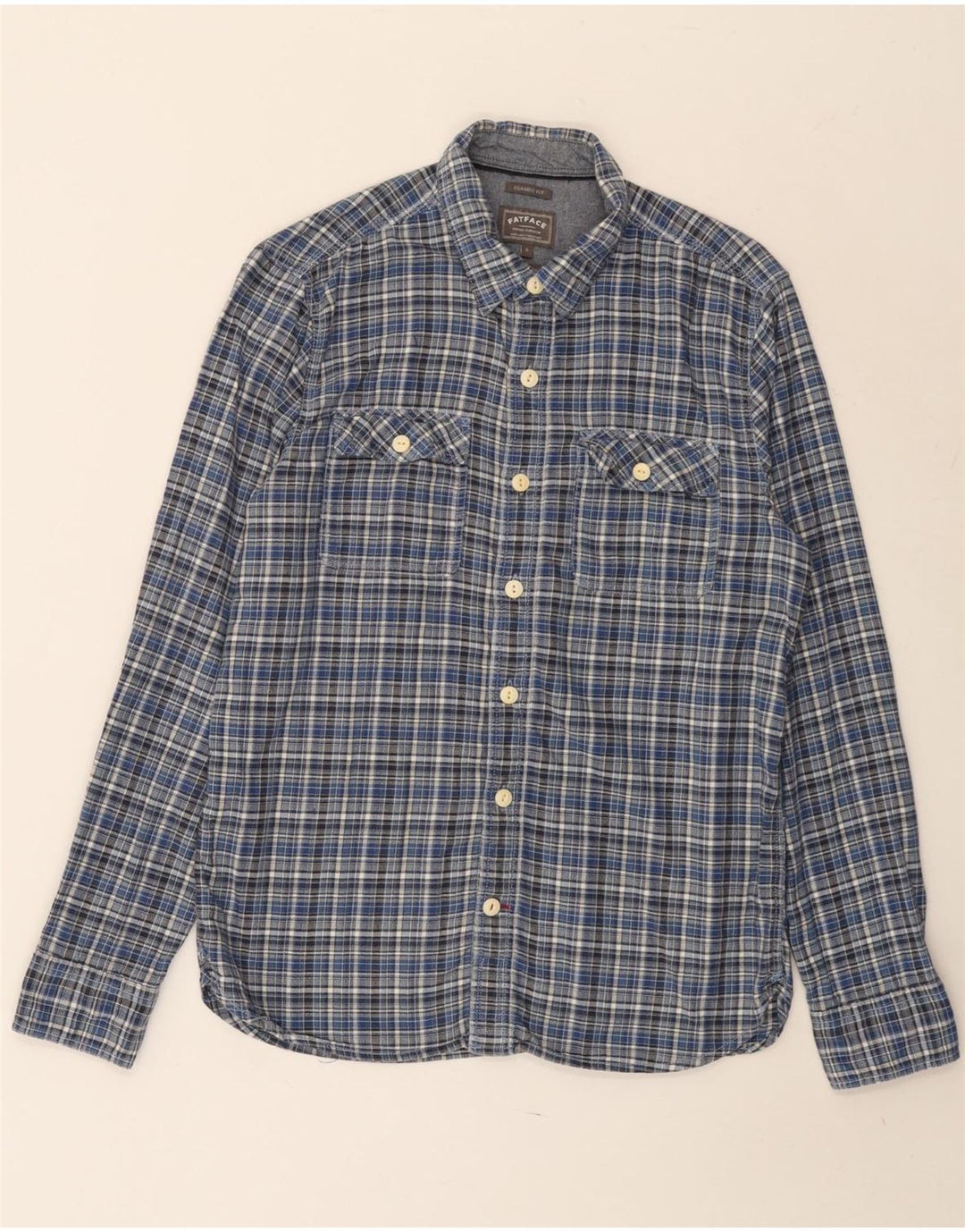 FAT FACE Camicia da uomo in flanella dalla vestibilità classica, piccolo cotone a quadri blu