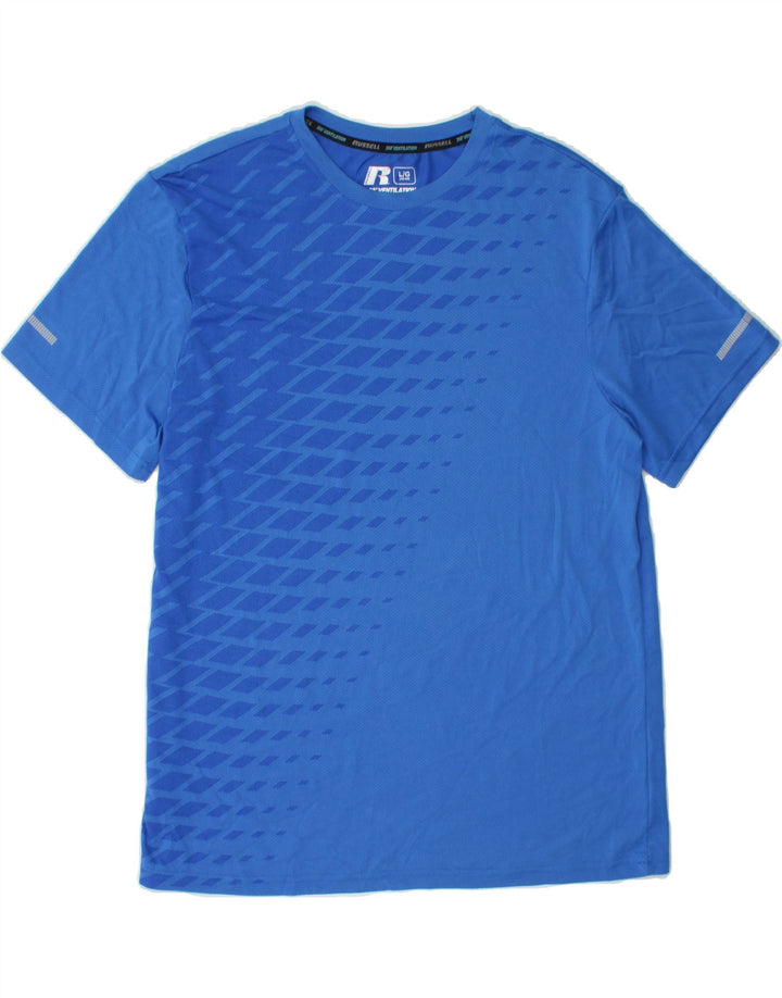 RUSSELL ATHLETIC Mens T-Shirt Top Large Blue Geometric Polyester Vintage Russell Athletic and Second-Hand Russell Athletic from Messina Hembry 