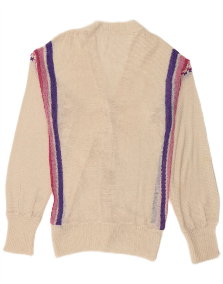 Maglione cardigan da donna vintage UK 12 medio a righe bianco sporco