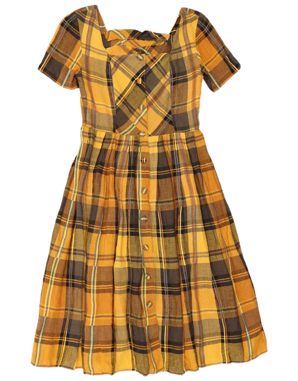 Abito camicia vintage da donna a maniche corte UK 12 medio giallo a quadri