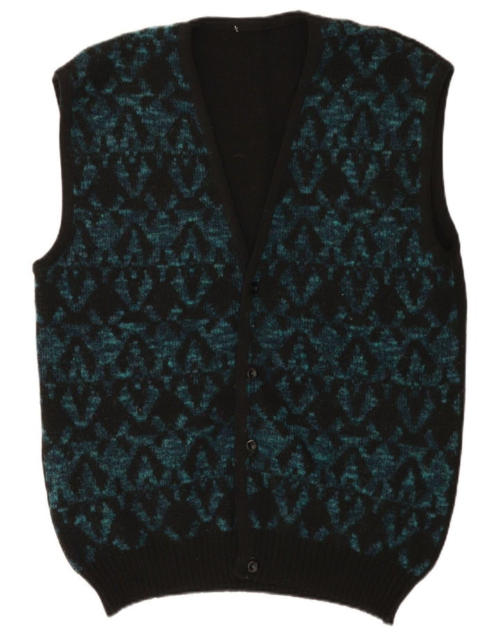 Maglione cardigan senza maniche vintage da uomo medio nero geometrico
