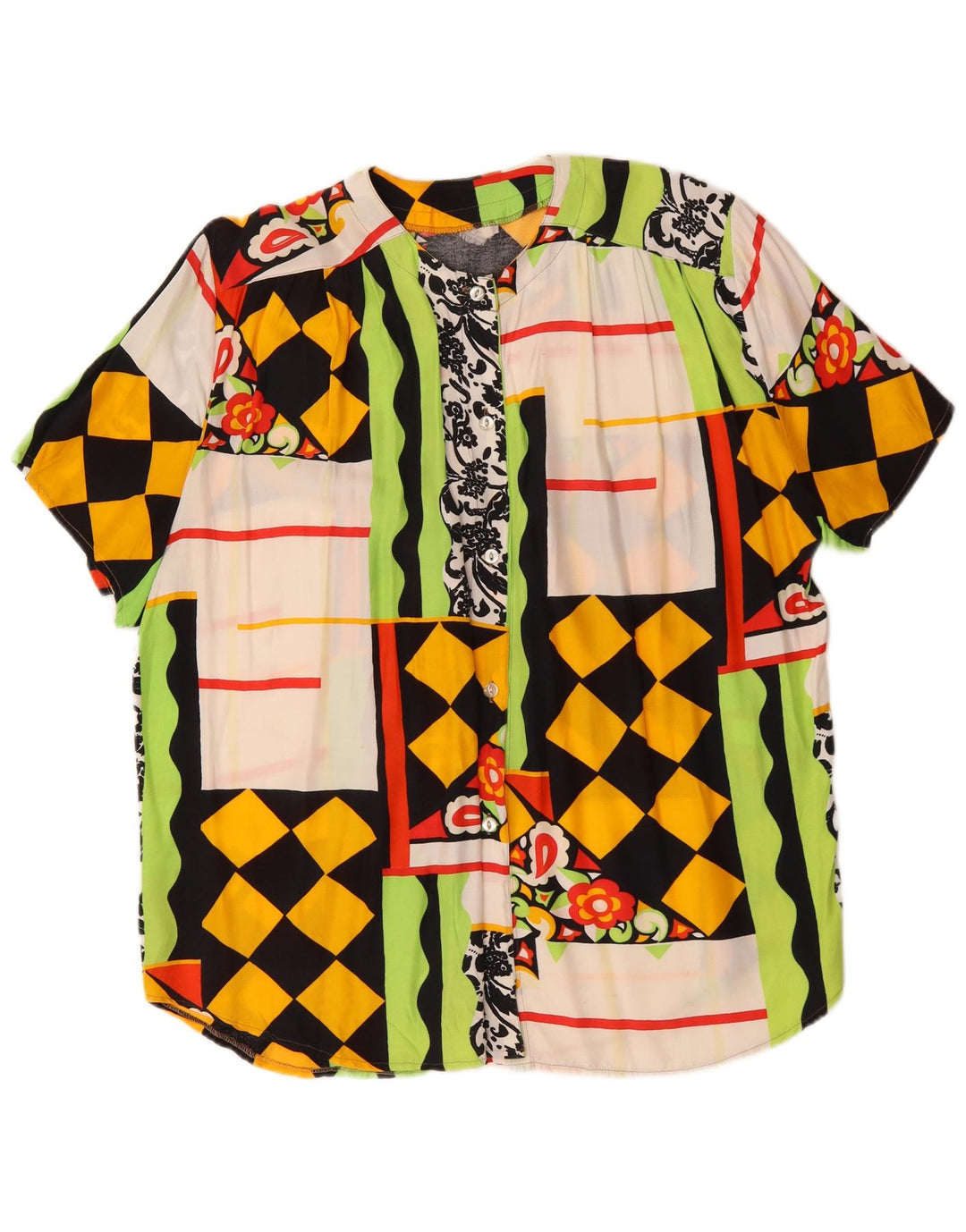 Camicetta camicia a maniche corte da donna vintage UK 20 2XL Patchwork multicolore