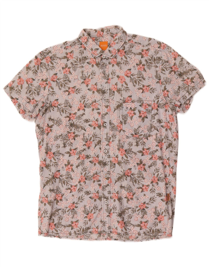 Camicia a maniche corte da uomo Hugo Boss in cotone floreale blu medio