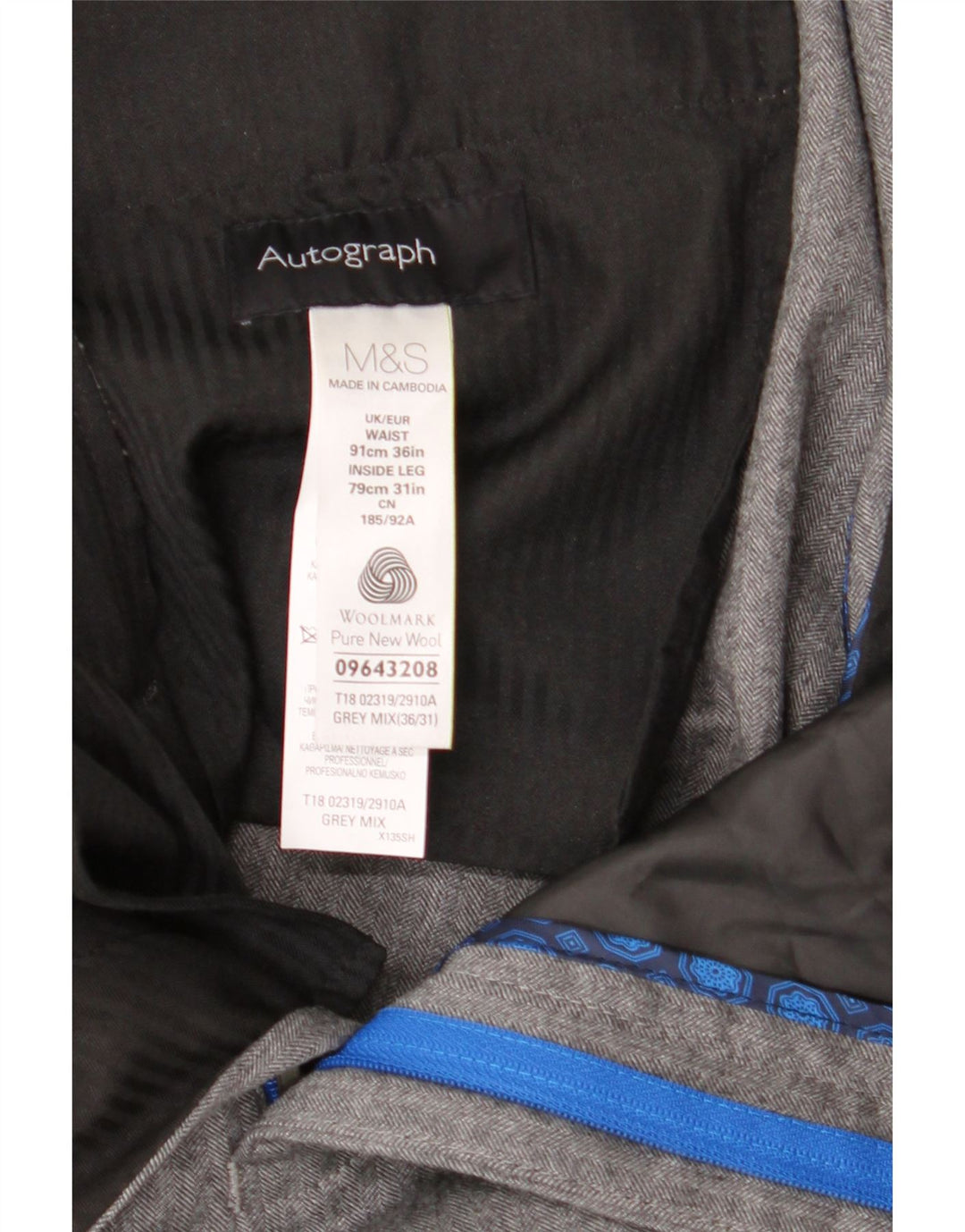 MARKS & SPENCER Pantaloni da completo da uomo Autograph W36 L31 Grigio a spina di pesce