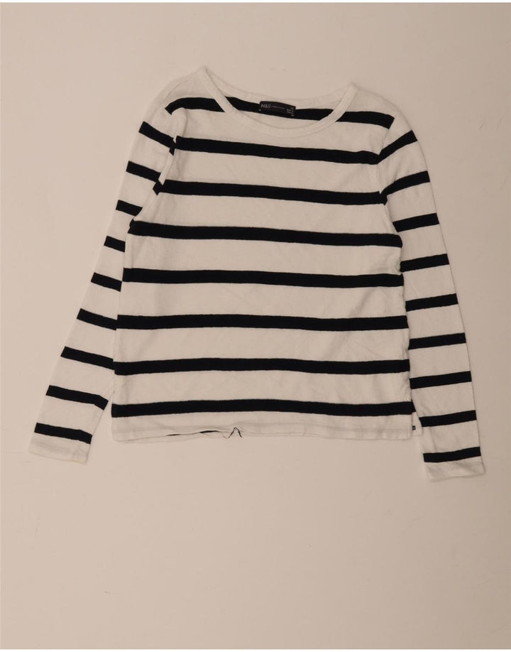 Marks & Spencer Top da donna a maniche lunghe UK 10 piccolo cotone a righe bianche