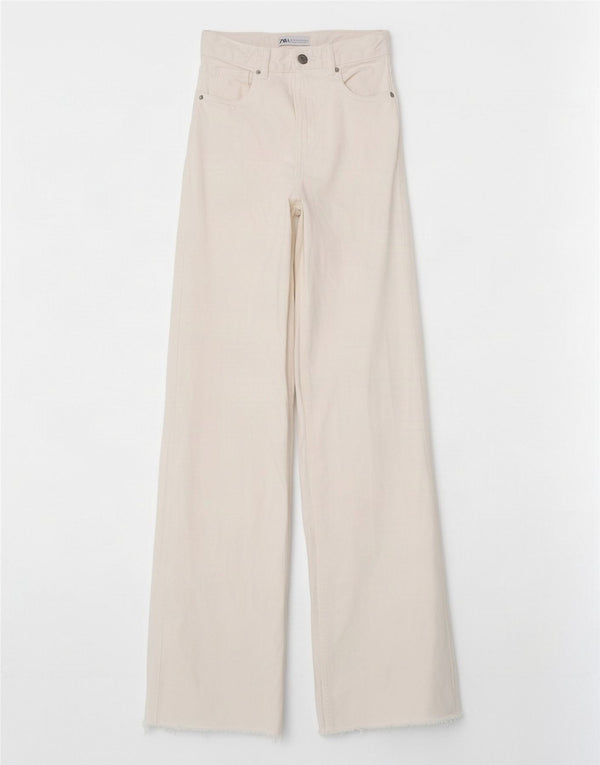 Jeans a gamba larga a vita alta da donna Zara EU 34 2XS W24 L33 cotone bianco sporco