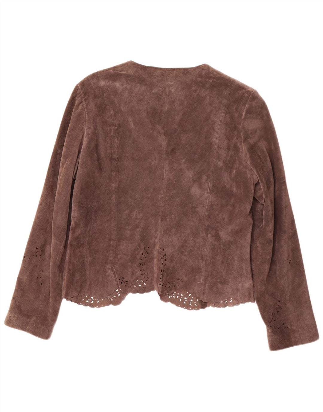 MONSOON Giacca blazer in pelle scamosciata aperta da donna UK 16 Grande pelle marrone