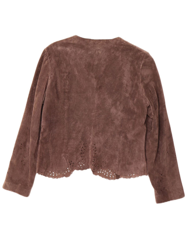 MONSOON Giacca blazer in pelle scamosciata aperta da donna UK 16 Grande pelle marrone