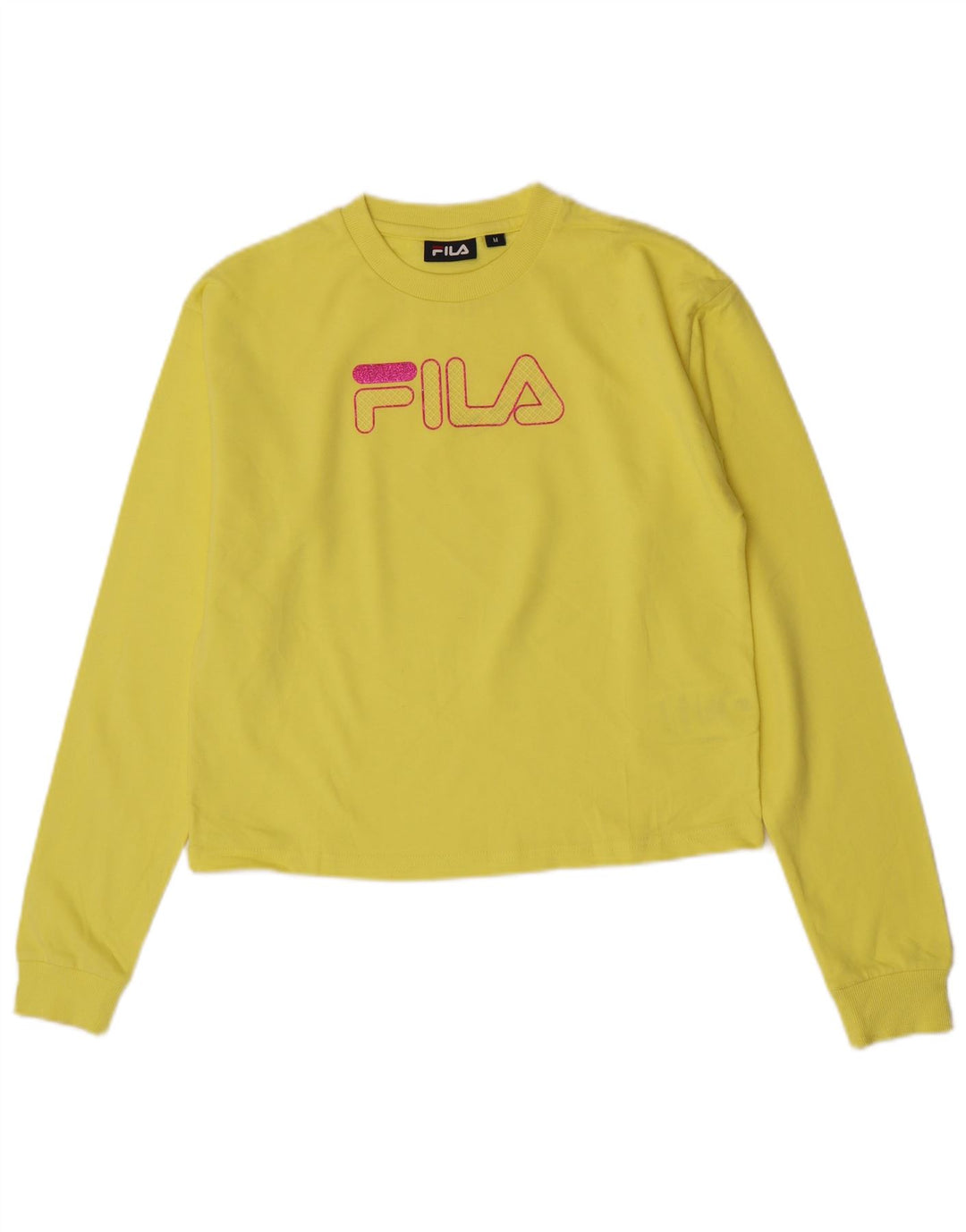 Top corto grafico da donna Fila manica lunga UK 14 cotone giallo medio