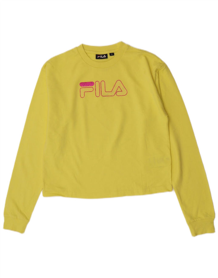 Top corto grafico da donna Fila manica lunga UK 14 cotone giallo medio