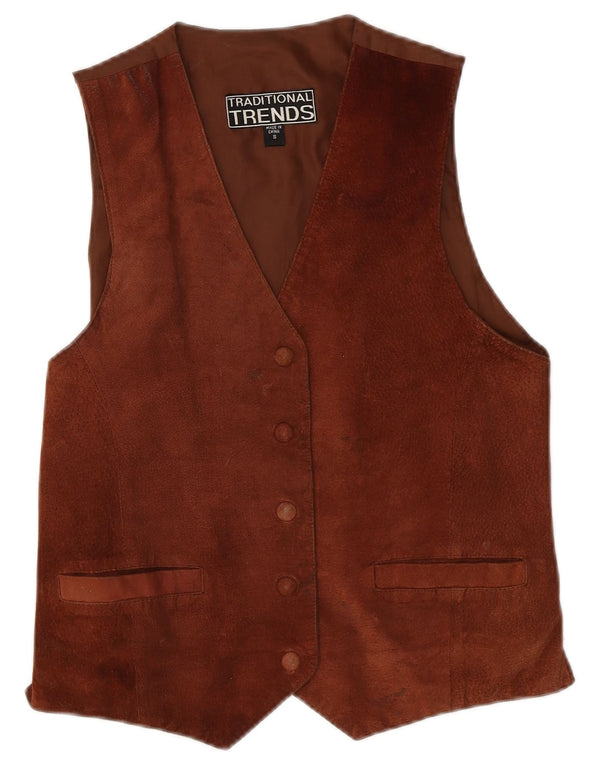 Gilet vintage da donna in pelle scamosciata UK 10 piccolo in pelle marrone