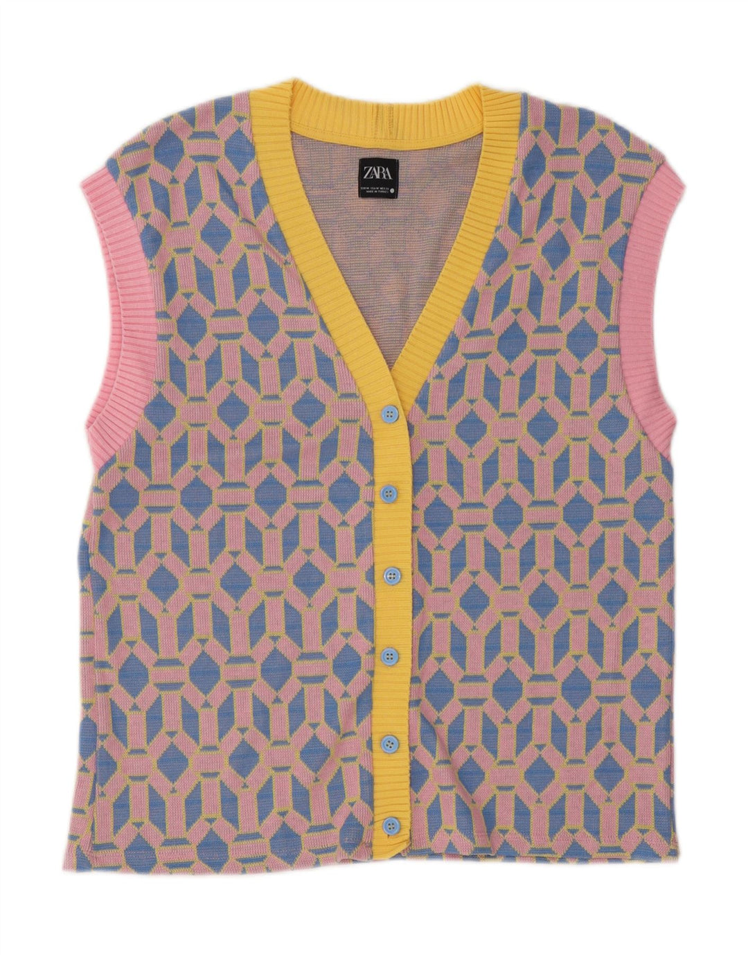 Maglione cardigan senza maniche da donna Zara UK 14 Blu medio geometrico