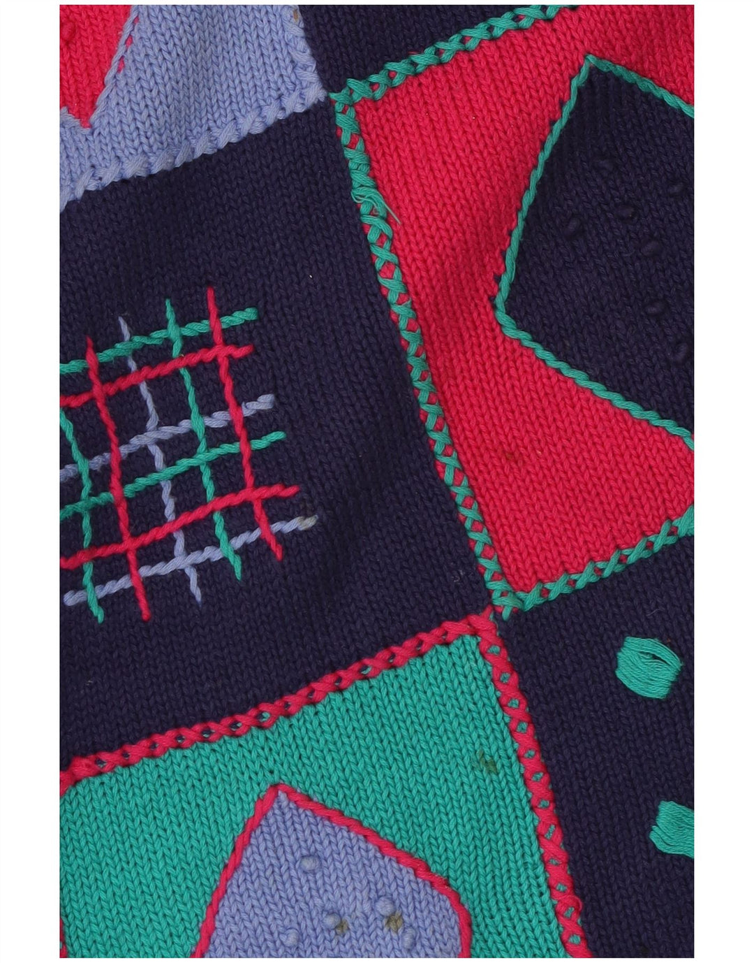 Maglione maglione girocollo da donna VINTAGE UK 14 Patchwork medio blu navy