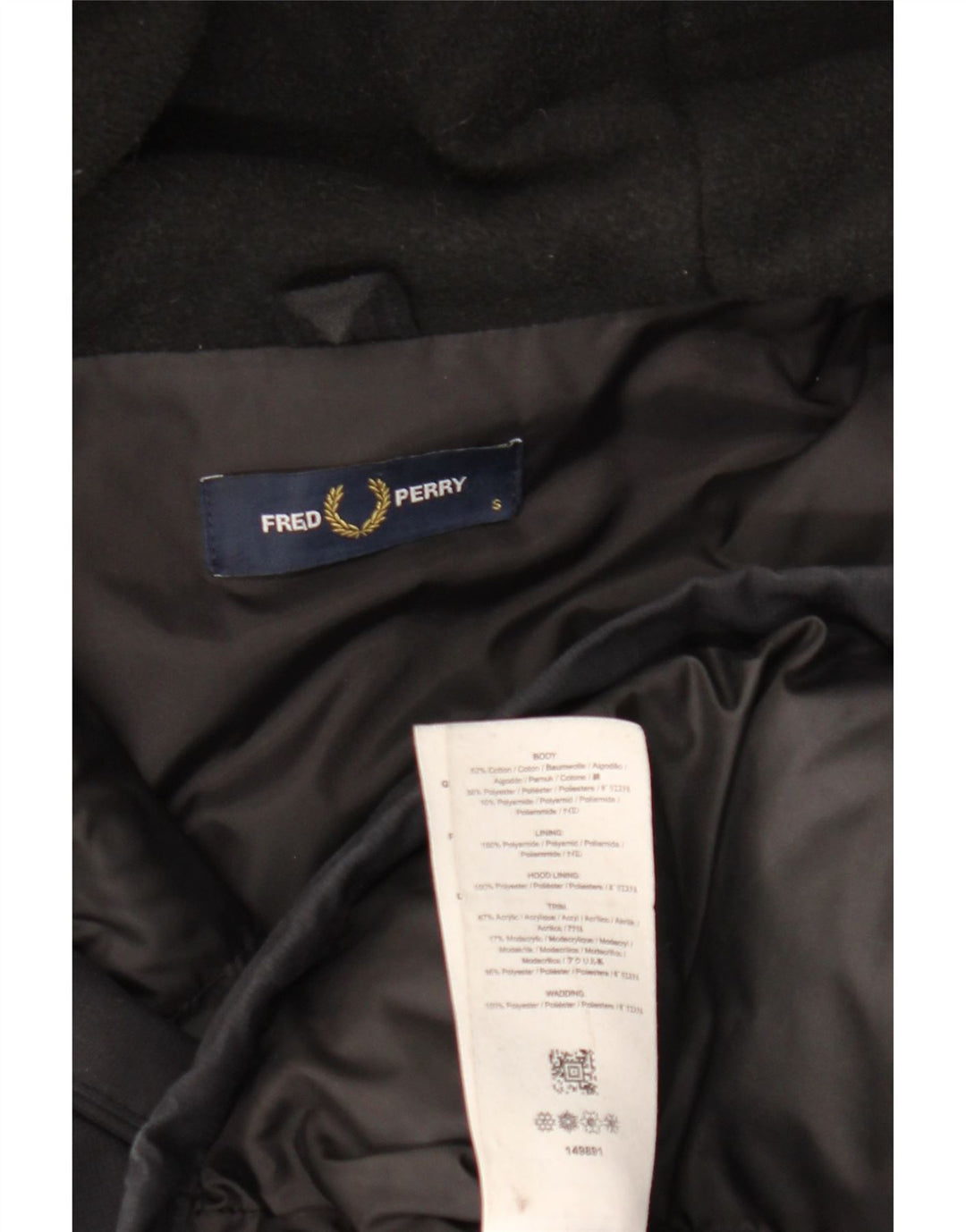 Giacca Parka con cappuccio da uomo FRED PERRY UK 36 piccola in cotone nero